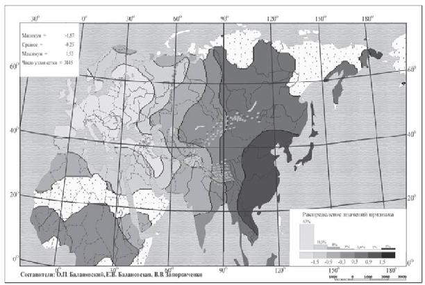 Карта первой главной компоненты изменчивости митохондриальной ДНК в популяциях Евразии. 